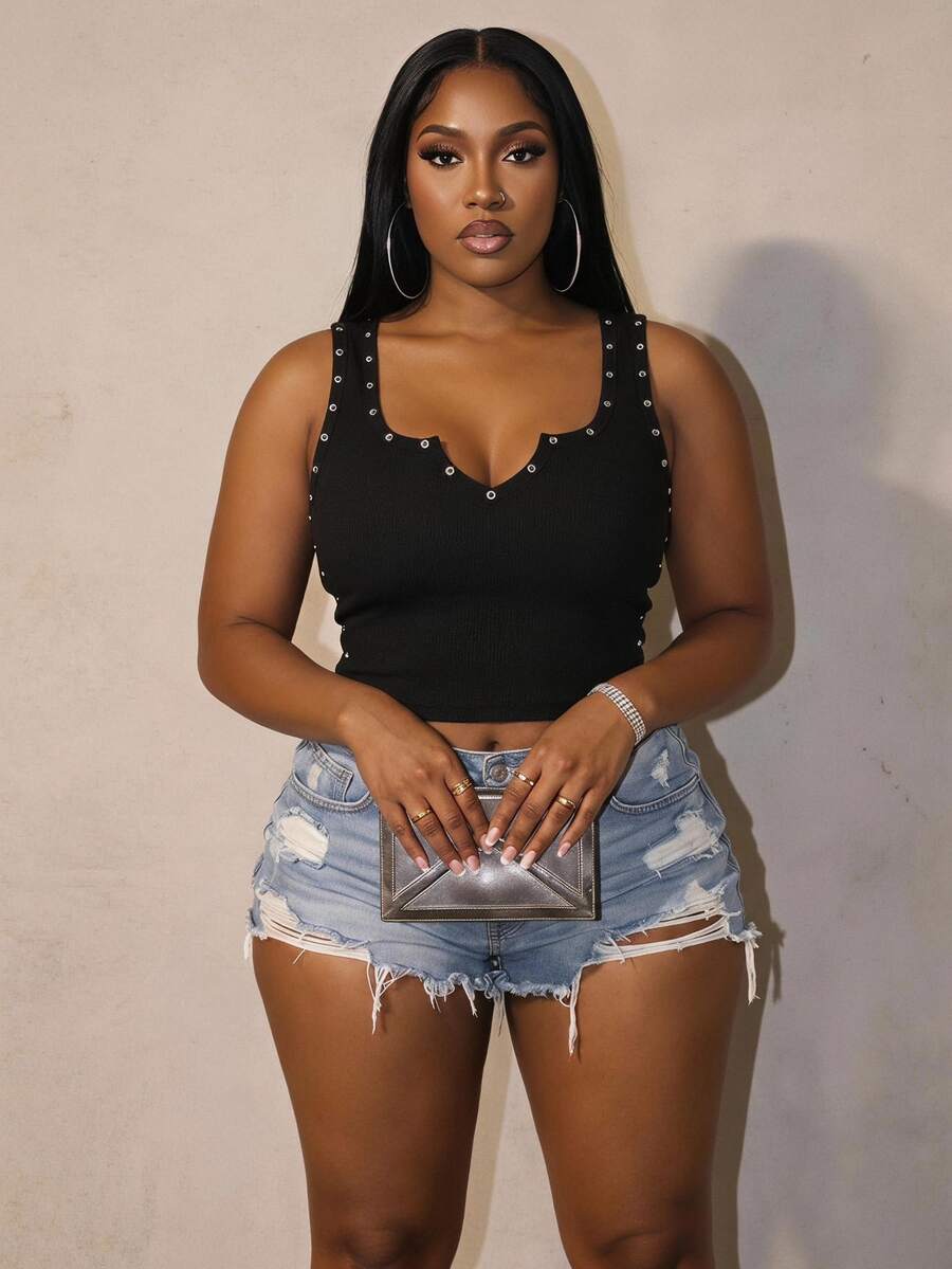 Slaydiva Women's Plus-Size Black Ribbed Cropped Tank Top,Studded Iron-On Patches,Summer Kawaii Style For Night Out Club,Music Festivals,Parties,Casual Outings - Black - View 1