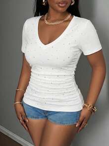 Slaydiva Casual Traditional Western Minimalist Rhinestone Embellished Plus Size White V-Neck T-Shirt, Music Festival Going Out Formal Summer - White - View 5