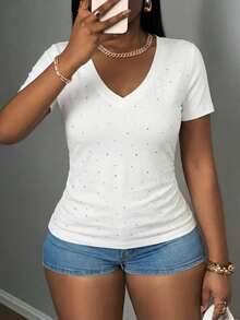 Slaydiva Casual Traditional Western Minimalist Rhinestone Embellished Plus Size White V-Neck T-Shirt, Music Festival Going Out Formal Summer - White - View 4