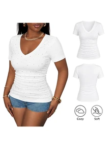 Slaydiva Casual Traditional Western Minimalist Rhinestone Embellished Plus Size White V-Neck T-Shirt, Music Festival Going Out Formal Summer - White - View 7