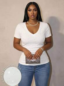 Slaydiva Casual Traditional Western Minimalist Rhinestone Embellished Plus Size White V-Neck T-Shirt, Music Festival Going Out Formal Summer - White - View 2