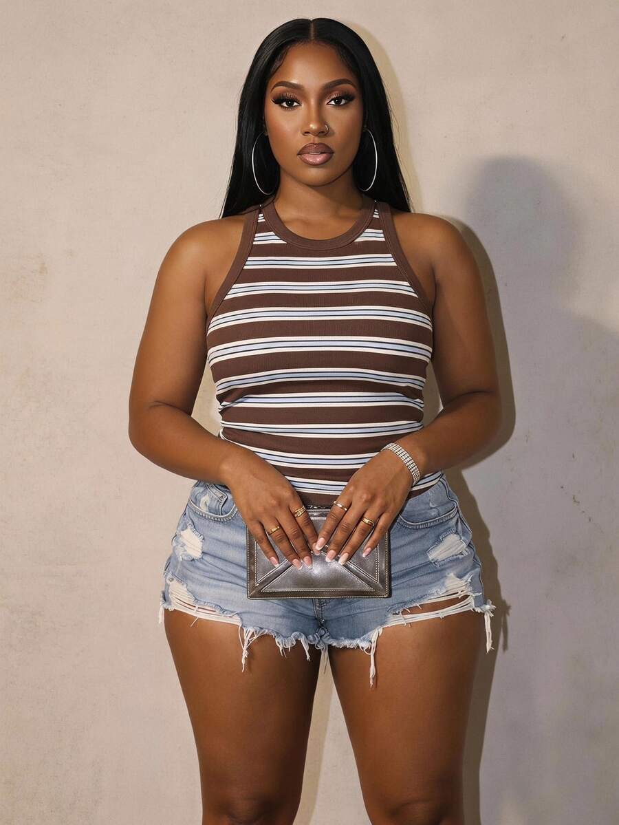 Slaydiva Plus Size Women's Striped Colorblock Casual Versatile Everyday Tank Top, Plus Size Camisole And Tank Top Suitable For Summer - Multicolor - View 1