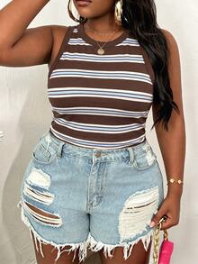 Slaydiva Plus Size Women's Striped Colorblock Casual Versatile Everyday Tank Top, Plus Size Camisole And Tank Top Suitable For Summer - Multicolor - View 5