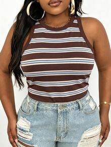 Slaydiva Plus Size Women's Striped Colorblock Casual Versatile Everyday Tank Top, Plus Size Camisole And Tank Top Suitable For Summer - Multicolor - View 3