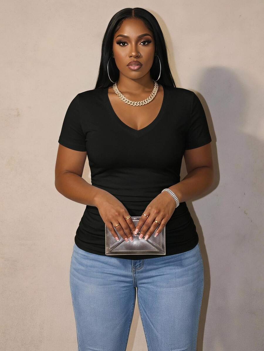 Slaydiva Kaos V-neck Minimalis Kasual Warna Hitam Polos, Cocok untuk Musim Semi & Musim Panas, Ukuran Besar - Hitam - View 1