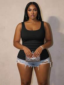 Slaydiva 2pcs Plus Size Women Casual Black Scoop Neck Ruched Waist Bodycon Tank Top Set, Suitable For Daily Wear, Versatile, Y2K - Black - View 1