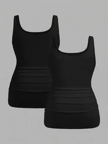 Slaydiva 2pcs Plus Size Women Casual Black Scoop Neck Ruched Waist Bodycon Tank Top Set, Suitable For Daily Wear, Versatile, Y2K - Black - View 2