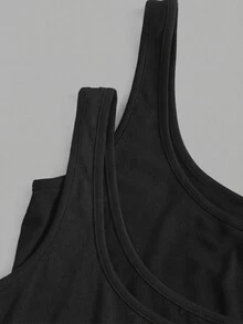 Slaydiva 2pcs Plus Size Women Casual Black Scoop Neck Ruched Waist Bodycon Tank Top Set, Suitable For Daily Wear, Versatile, Y2K - Black - View 6