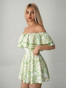 SHEIN ICON Gaun Mini Ruffle Oversized Off-Shoulder Motif Retro, Gaun Musim Panas untuk Wanita - Mint Green - View 4