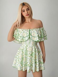 SHEIN ICON Gaun Mini Ruffle Oversized Off-Shoulder Motif Retro, Gaun Musim Panas untuk Wanita - Mint Green - View 5