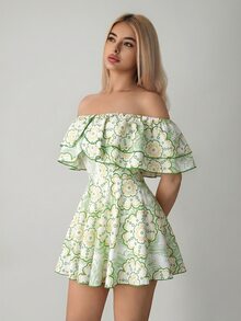 SHEIN ICON Gaun Mini Ruffle Oversized Off-Shoulder Motif Retro, Gaun Musim Panas untuk Wanita - Mint Green - View 6