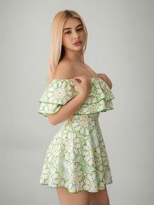 SHEIN ICON Gaun Mini Ruffle Oversized Off-Shoulder Motif Retro, Gaun Musim Panas untuk Wanita - Mint Green - View 3