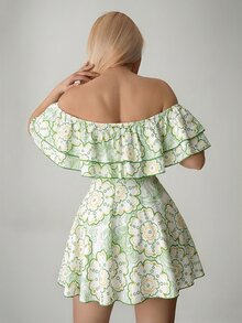 SHEIN ICON Gaun Mini Ruffle Oversized Off-Shoulder Motif Retro, Gaun Musim Panas untuk Wanita - Mint Green - View 2