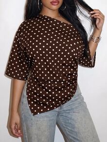 Slaydiva Plus Size Women's Brown Polka Dot Pattern Summer Fashion Casual Evening Top, Open Shoulder, Three-Quarter Sleeve, Ruched Waist And Split Hem Design, Elegant For Beach, Cruise And Travel Wear - Multicolor - View 9