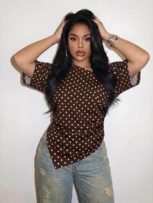 Slaydiva Plus Size Women's Brown Polka Dot Pattern Summer Fashion Casual Evening Top, Open Shoulder, Three-Quarter Sleeve, Ruched Waist And Split Hem Design, Elegant For Beach, Cruise And Travel Wear - Multicolor - View 6