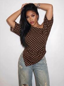 Slaydiva Plus Size Women's Brown Polka Dot Pattern Summer Fashion Casual Evening Top, Open Shoulder, Three-Quarter Sleeve, Ruched Waist And Split Hem Design, Elegant For Beach, Cruise And Travel Wear - Multicolor - View 5