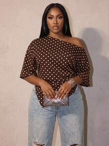 Slaydiva Plus Size Women's Brown Polka Dot Pattern Summer Fashion Casual Evening Top, Open Shoulder, Three-Quarter Sleeve, Ruched Waist And Split Hem Design, Elegant For Beach, Cruise And Travel Wear - Multicolor - View 2