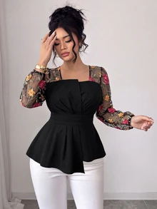 Elenzga Plus Size Women's Spring Autumn Elegant Fashion Versatile Square Neck Pleated Contrast Mesh Jacquard Fabric Long Sleeve Blouse Fall - Multicolor - View 4