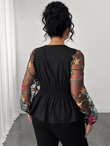 Elenzga Plus Size Women's Spring Autumn Elegant Fashion Versatile Square Neck Pleated Contrast Mesh Jacquard Fabric Long Sleeve Blouse Fall - Multicolor - View 2