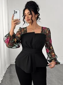 Elenzga Plus Size Women's Spring Autumn Elegant Fashion Versatile Square Neck Pleated Contrast Mesh Jacquard Fabric Long Sleeve Blouse Fall - Multicolor - View 6