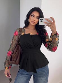 Elenzga Plus Size Women's Spring Autumn Elegant Fashion Versatile Square Neck Pleated Contrast Mesh Jacquard Fabric Long Sleeve Blouse Fall - Multicolor - View 1