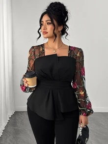 Elenzga Plus Size Women's Spring Autumn Elegant Fashion Versatile Square Neck Pleated Contrast Mesh Jacquard Fabric Long Sleeve Blouse Fall - Multicolor - View 7
