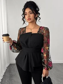 Elenzga Plus Size Women's Spring Autumn Elegant Fashion Versatile Square Neck Pleated Contrast Mesh Jacquard Fabric Long Sleeve Blouse Fall - Multicolor - View 5