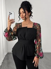 Elenzga Plus Size Women's Spring Autumn Elegant Fashion Versatile Square Neck Pleated Contrast Mesh Jacquard Fabric Long Sleeve Blouse Fall - Multicolor - View 8