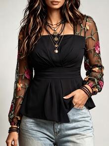 Elenzga Plus Size Women's Spring Autumn Elegant Fashion Versatile Square Neck Pleated Contrast Mesh Jacquard Fabric Long Sleeve Blouse Fall - Multicolor - View 3
