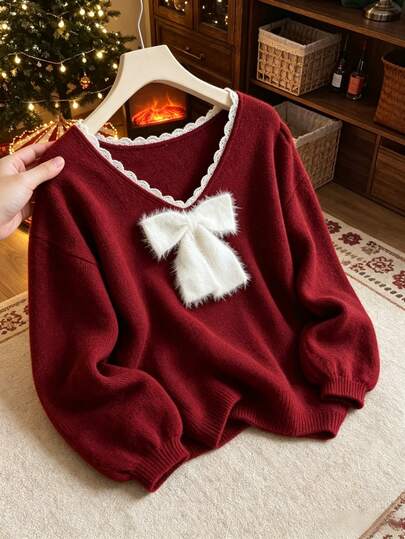 Grovea Plus Size Women Christmas New Fashion Fuzzy Bow Lace Trim V-Neck Drop Shoulder Burgundy Sweater Pullover Minimalist Casual Versatile Daily Autumn Winter Top