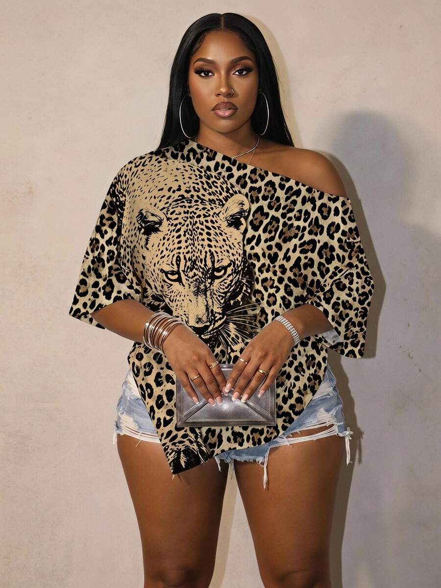 Slaydiva Plus Size Women's Leopard Print Asymmetrical Shoulder Casual Everyday Short Sleeve T-Shirt - Multicolor - View 1