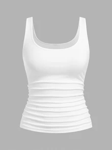 Slaydiva 2pcs Plus Size Women Vacation Casual Allover White Scoop Neck Ruched Waist Bodycon Tank Top Set Suitable For Daily Wear Versatile Y2K Style Office - White - View 6