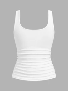 Slaydiva 2pcs Plus Size Women Vacation Casual Allover White Scoop Neck Ruched Waist Bodycon Tank Top Set Suitable For Daily Wear Versatile Y2K Style Office - White - View 5