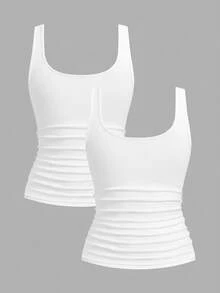 Slaydiva 2pcs Plus Size Women Vacation Casual Allover White Scoop Neck Ruched Waist Bodycon Tank Top Set Suitable For Daily Wear Versatile Y2K Style Office - White - View 3