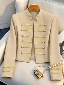 Franclia 女款海軍藍對比金邊編織飾帶長袖西裝外套，秋冬款 - 卡其色 - 查看 3