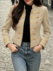 Franclia 女款海軍藍對比金邊編織飾帶長袖西裝外套，秋冬款 - 卡其色 - 查看 4