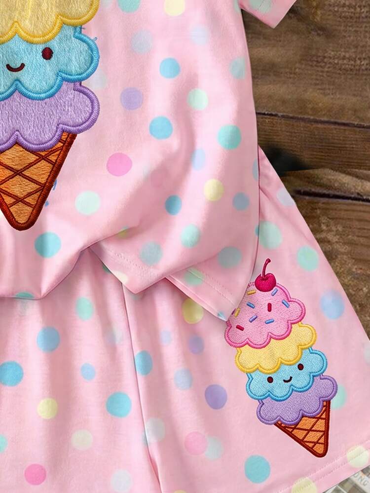 [Printed Design] Young Girl Casual Minimalist Cute Summer Ice Cream Pattern, Colorful Polka Dot Print, Sweet Cream Style, Vacation Style, Short Sleeve T-Shirt & Shorts Two Pieces Set, Y2k Kawaii Graphic Cozy Outfit Sets, Suitable For Summer - Multicolor - View 5