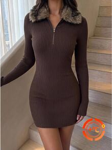 SHEIN EZwear Dark Brown Patchwork Fur Collar Long Sleeve Fashion Mini Dress Night Out Autumn Sexy - Coffee - View 7