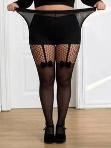 SHEIN CURVE+ 大尺碼蝴蝶結優雅性感絲襪褲套裝 聖誕節 - 黑色 - 查看 5