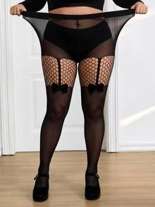 SHEIN CURVE+ 大尺碼蝴蝶結優雅性感絲襪褲套裝 聖誕節 - 黑色 - 查看 4