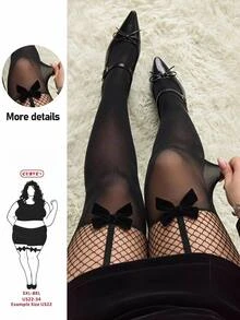 SHEIN CURVE+ 大尺碼蝴蝶結優雅性感絲襪褲套裝 聖誕節 - 黑色 - 查看 7