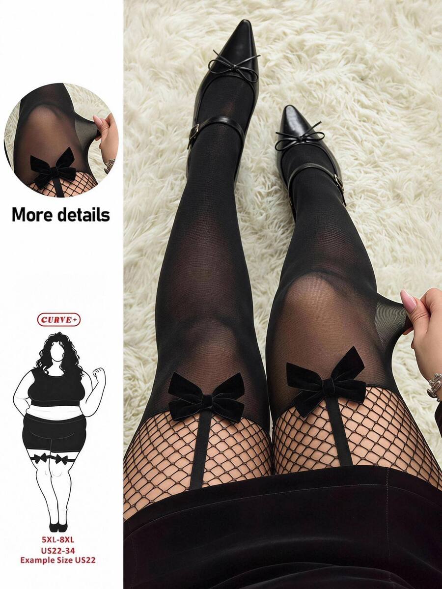 SHEIN CURVE+ Set Stoking dan Celana Ketat Sutra Seksi Elegan dengan Pita Ukuran Besar untuk Natal - Hitam - View 1