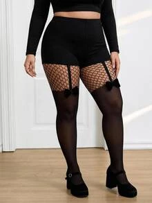 SHEIN CURVE+ 大尺碼蝴蝶結優雅性感絲襪褲套裝 聖誕節 - 黑色 - 查看 2