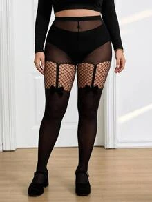SHEIN CURVE+ 大尺碼蝴蝶結優雅性感絲襪褲套裝 聖誕節 - 黑色 - 查看 3