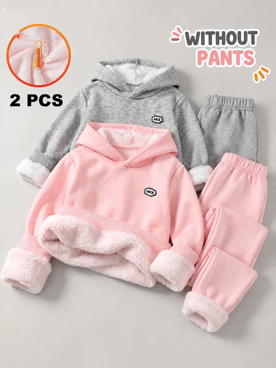SHEIN 女童 2 件組保暖抓絨連帽衛衣 秋冬休閒仙女風嬰幼兒上衣 黑色粉色 萬聖節聖誕節 7 歲生日海灘穿搭 - 彩色 - 查看 1