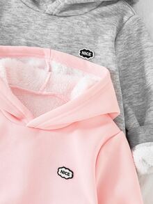 SHEIN 女童 2 件組保暖抓絨連帽衛衣 秋冬休閒仙女風嬰幼兒上衣 黑色粉色 萬聖節聖誕節 7 歲生日海灘穿搭 - 彩色 - 查看 3
