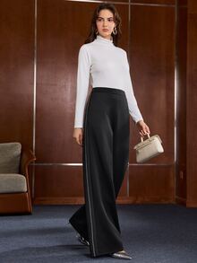 Celana Panjang Anewsta Air Layer Warna Kontras Hitam & Putih dengan Potongan Lebar dan Saku, untuk Perjalanan Santai - Hitam - View 5