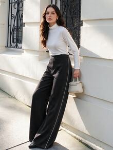 Celana Panjang Anewsta Air Layer Warna Kontras Hitam & Putih dengan Potongan Lebar dan Saku, untuk Perjalanan Santai - Hitam - View 6