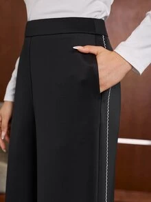 Celana Panjang Anewsta Air Layer Warna Kontras Hitam & Putih dengan Potongan Lebar dan Saku, untuk Perjalanan Santai - Hitam - View 4