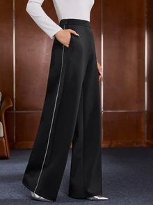 Celana Panjang Anewsta Air Layer Warna Kontras Hitam & Putih dengan Potongan Lebar dan Saku, untuk Perjalanan Santai - Hitam - View 1